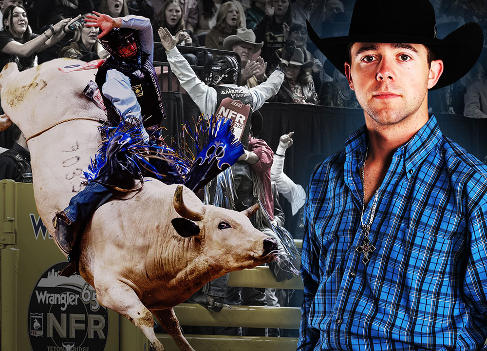 Composite image of Hayes Weight featuring a bull riding action shot at the Wrangler National Finals Rodeo alongside a portrait of him wearing a black cowboy hat and blue plaid shirt.
