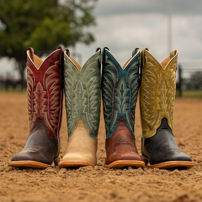 The Burchett 13" Goat western boots in red and brown, teal and tan, blue and brown, yellow/green and black.
