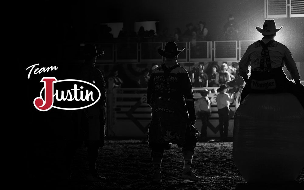 Team Justin Logo. Three Rodeo performers looking into the audience.