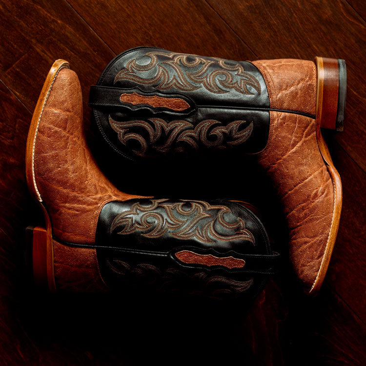 Pards 11" Elephant boots in black and light brown.