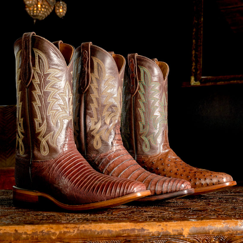 Panama 12" Caiman Cowboy in Chocolate, Rancher 12" Full Quill Ostrich in Kango Tango Brown, and Reposado 12" Lizard Cowboy in Chocolate.