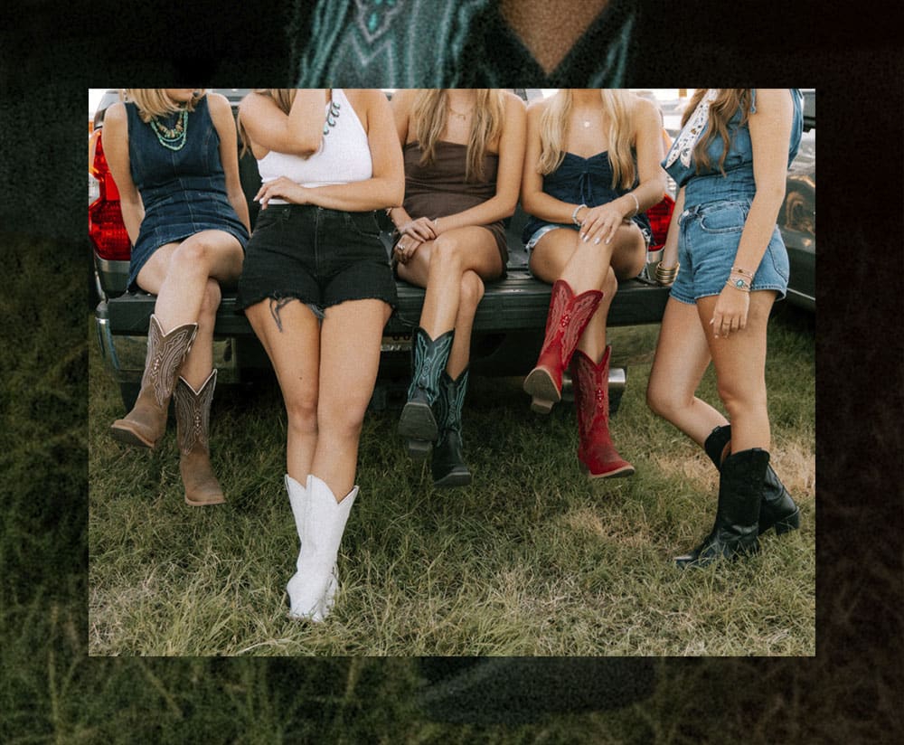 A woman wearing the Rae 12" Western Boot in taupe, A woman wearing the Rae 12" Western Boot in midnight (black), A woman wearing the Renie 12" Western Boot in bright white, A woman wearing the Renie 12" Western Boot in red and a woman wearing the Renie 12" Western Boot in midnight black. 