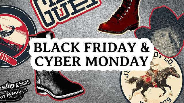 A photo of a collage of stickers and roper boots with the words “Black Friday & Cyber Monday” in the center.