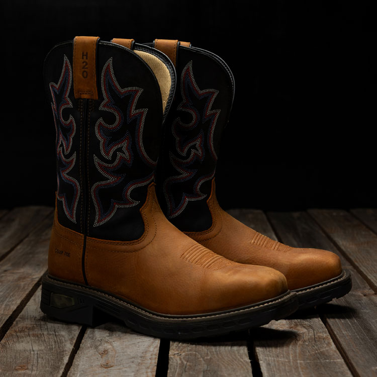 Rigman 11" Waterproof boots in black and tan.