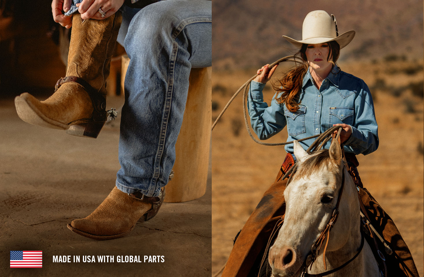 A photo montage of a Jenna Paulette wearing Justin Sunrise western boots in tan suede. An American flag. Made in the USA with Global parts.