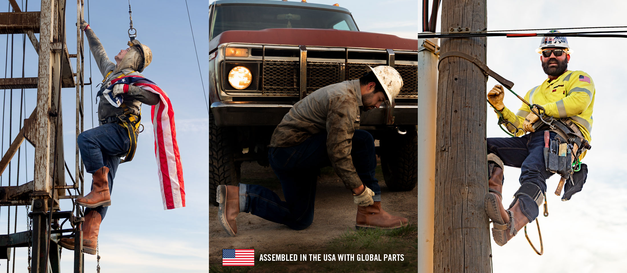 A photo montage of men wearing Justin Boots while working. Assembled In The USA With Global Parts.