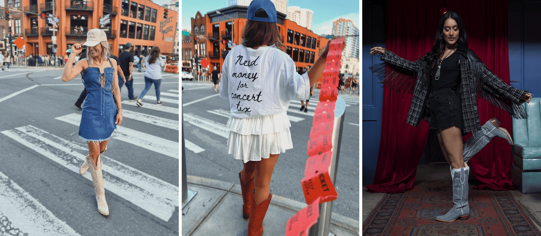 A photo montage of women wearing Justin Vintage western boots.