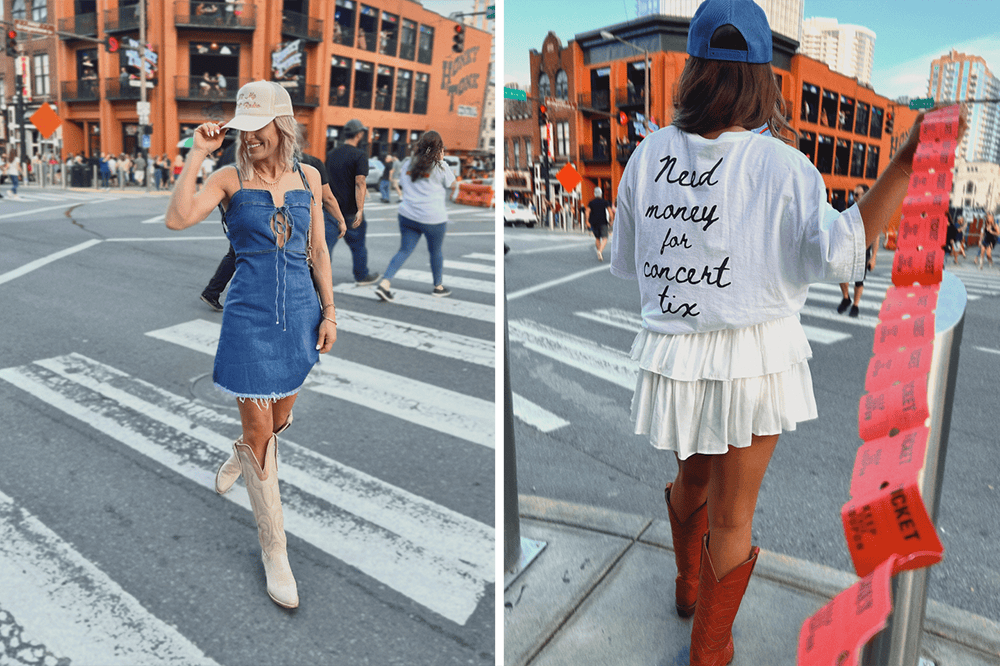 A photo montage of women wearing Justin Vintage western boots.
