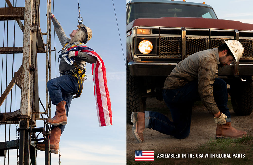 A photo montage of men wearing Justin Boots while working. Assembled In The USA With Global Parts.