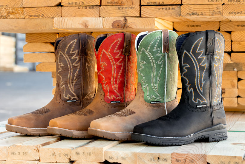 A group of NiTread 11” Waterproof Nano Comp Toe in black and brown posed in a row on a pallet of wood.