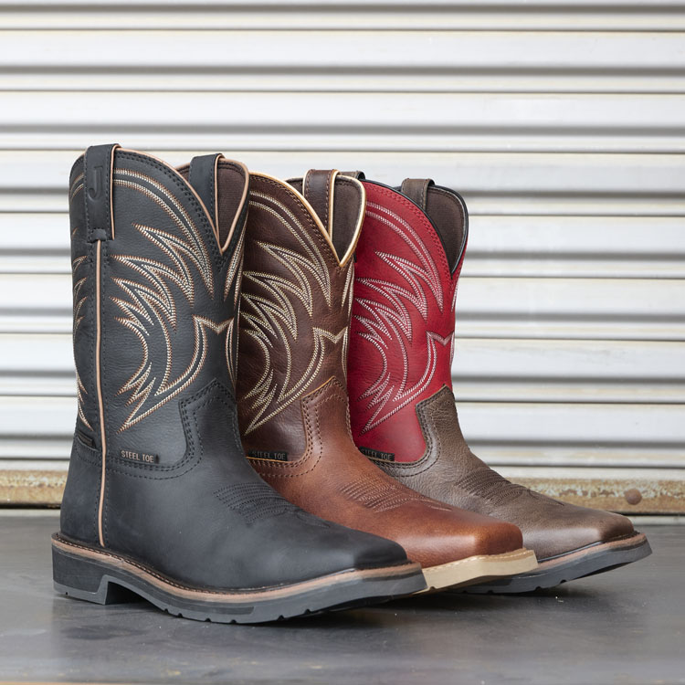Justin Stampede Apprentice 11-inch steel toe work boots in coffee brown, Widowmaker 11-inch steel toe waterproof boots in black, and Daywork 11-inch steel toe waterproof boot in pecan brown. Shop Stampede.