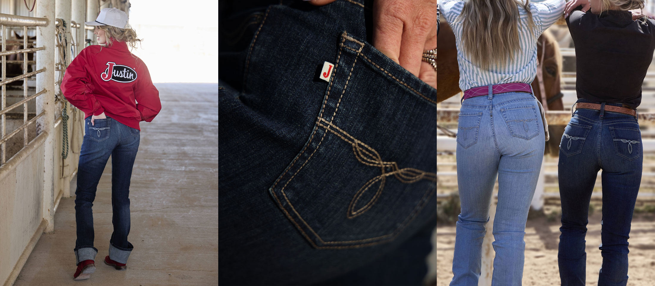 A photo montage of women wearing Justin Women's Jeans.