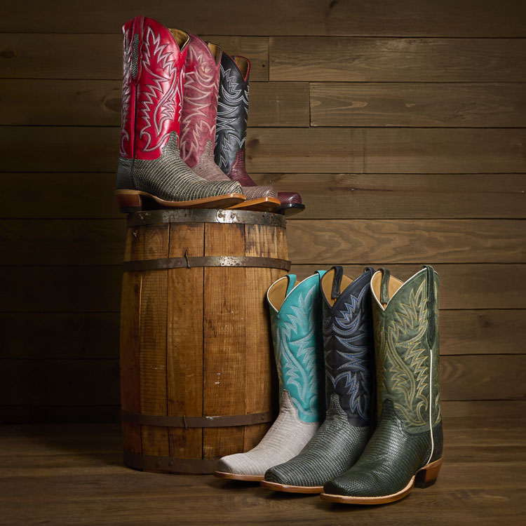 A group of Kimble 13-inch Ring Lizard western boots. Shop Kimble.