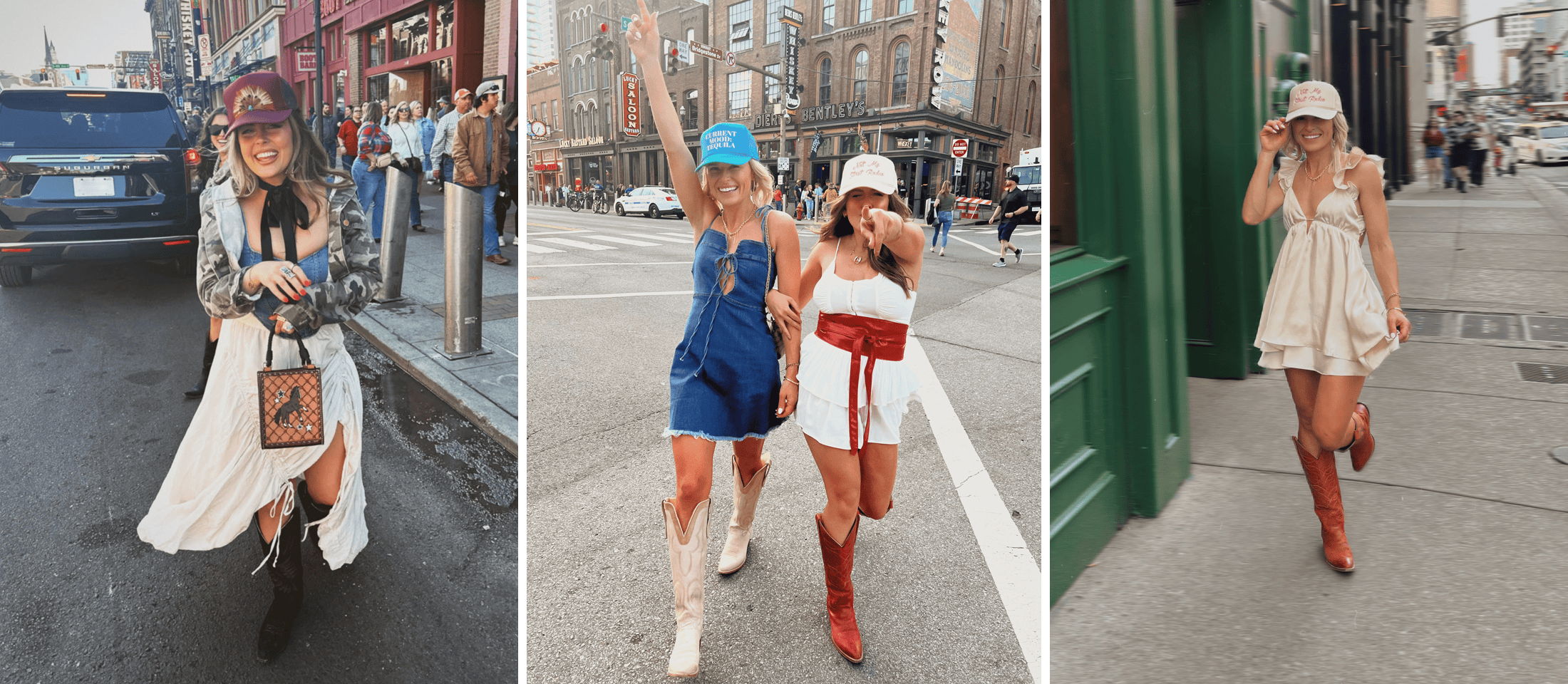 A photo montage of women wearing Justin Vintage western boots while walking on the streets of Nashville Tennessee.
